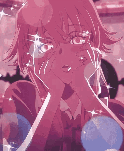 a close up of a girl with pink hair covering her eyes