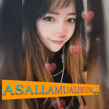 a picture of a woman with hearts around her and the words " assalamualaikum "