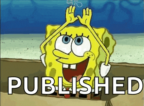 spongebob squarepants is holding his hands up in the air and says published