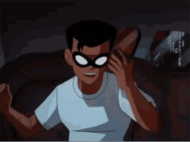 a cartoon character with a mask on talking on a phone