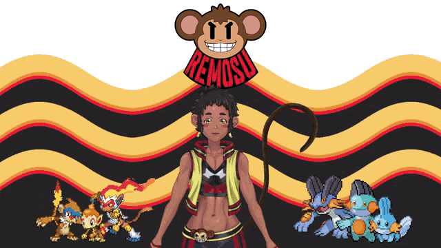 a girl with a monkey on her head and the word remosu on it