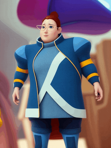 a cartoon character is wearing a blue jacket and glasses