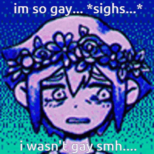 a cartoon of a girl with a flower crown on her head and the words im so gay * sighs *