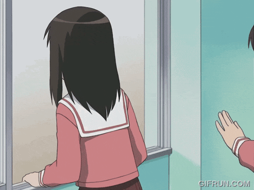a girl looking out a window with a gifrun.com watermark
