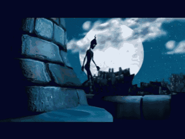 a cartoon character is standing in front of a full moon at night
