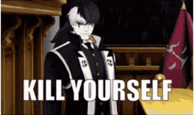 a man in a suit is standing in a courtroom with the words kill yourself above him .