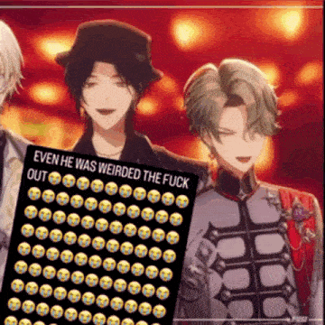 three anime characters are standing next to a sign that says even he was weirded the fuck out