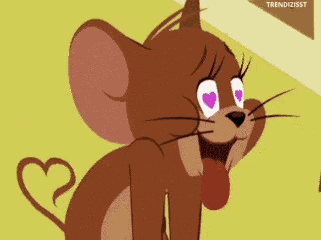a cartoon mouse with a heart shaped tail and hearts in his eyes