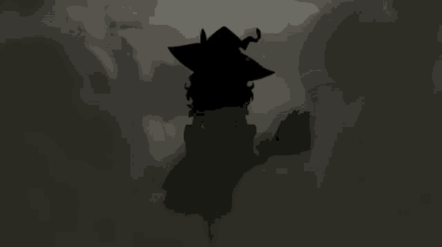 a silhouette of a person wearing a witch hat in a foggy forest .