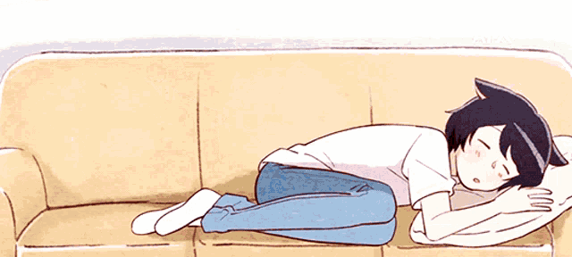 a cartoon drawing of a person laying on a couch with their eyes closed
