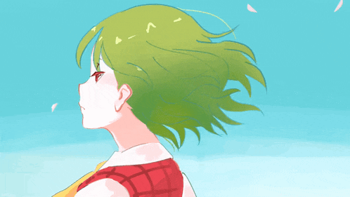 a drawing of a girl with green hair and red eyes against a blue sky