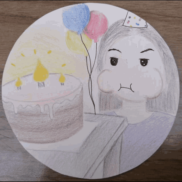 a drawing of a girl with balloons and a cake with the letter n on it