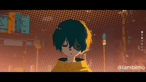 a drawing of a boy in a yellow jacket with the hashtag lambimo
