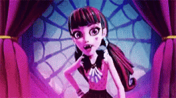 draculaura monster high doll is standing in front of a purple curtain .