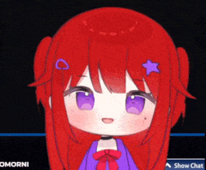 a cartoon girl with red hair and purple eyes has a blue star on her hair