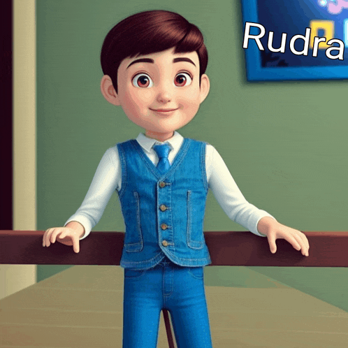a cartoon boy in a blue vest and tie is standing next to a railing with the name rudro written on it