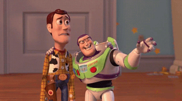 woody and buzz lightyear from toy story are standing on a wooden floor