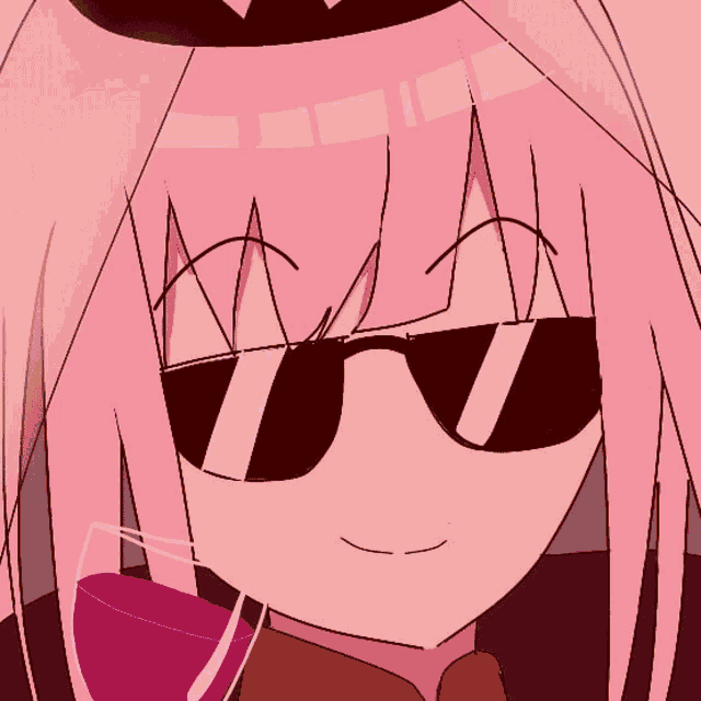 a drawing of a girl wearing sunglasses and holding a glass