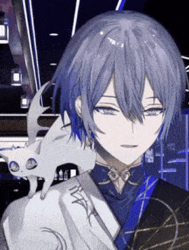 a blue haired anime character with a white cat on his back
