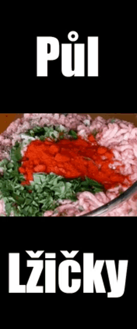 a close up of a bowl of food with the words pul lzicky written on the bottom
