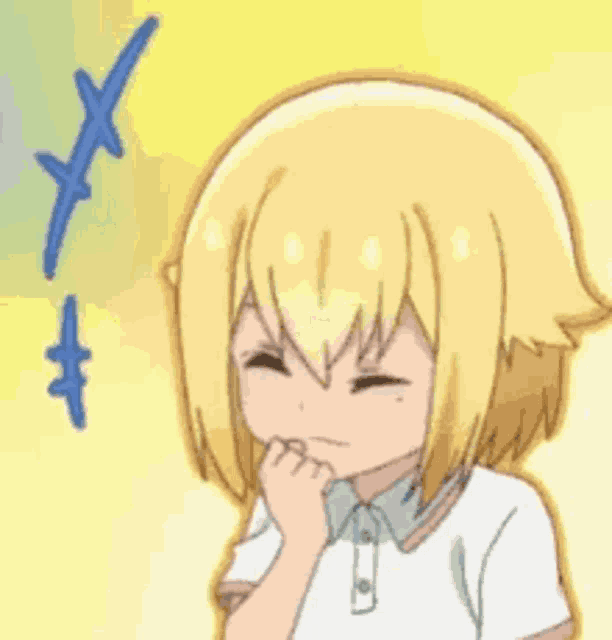 a cartoon girl with blonde hair and a white shirt is making a funny face with her hand on her chin .