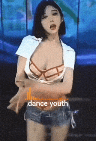 a woman in a white shirt and denim shorts is dancing with the words dance youth behind her