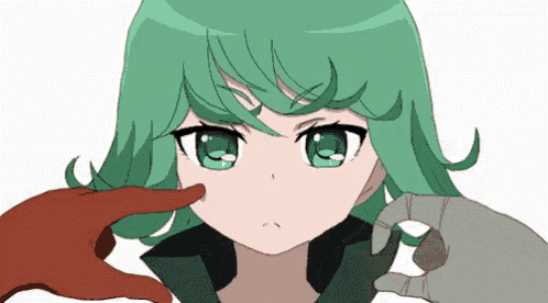 a cartoon character with green hair is being touched by a hand