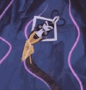 a cartoon character is flying through the air with a purple ribbon surrounding her .