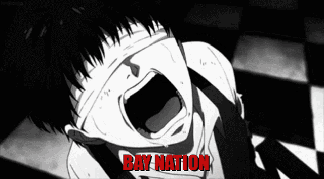 a black and white drawing of a boy with his mouth wide open and the words bay nation below it