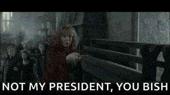 a woman is pointing a gun at a crowd of people and says `` not my president , you mish '' .