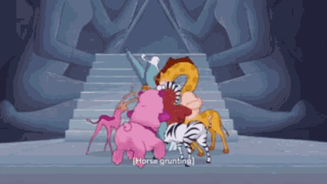 a group of cartoon animals are standing on a set of stairs with the words horse grunting written on the bottom