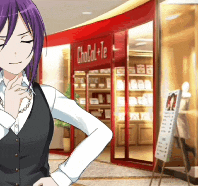 a girl with purple hair is standing in front of a store that says chocal + te