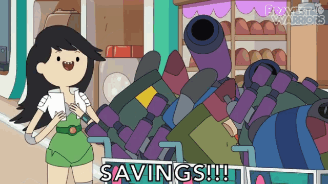 a cartoon character says savings while standing next to a pile of bottles