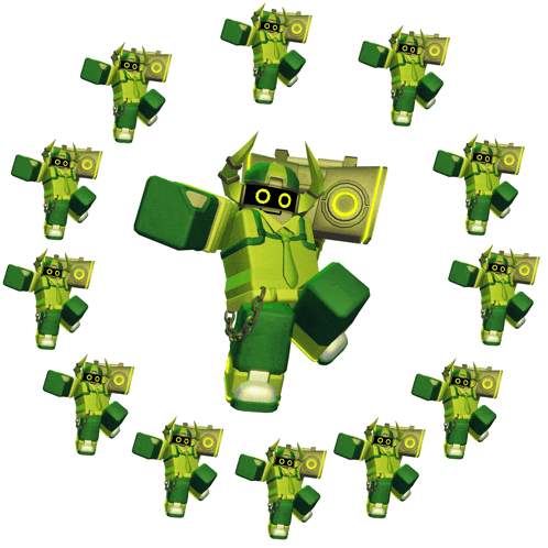 a bunch of green roblox characters with a yellow speaker