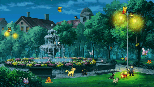 a cartoon scene with a fountain in the middle