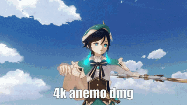 a cartoon character is holding a sword and the words 4k anemo dmg are above him
