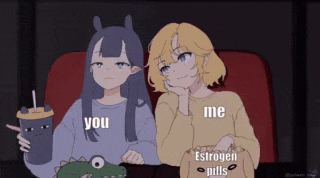 two anime girls are sitting in a theater watching a movie and one girl is holding a bag of estrogen pills .