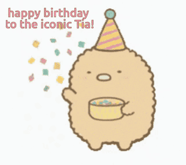 a birthday card with a hedgehog wearing a party hat and holding a cup of candy
