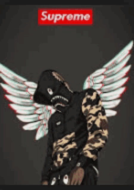 a man wearing a supreme hoodie with wings on his arms