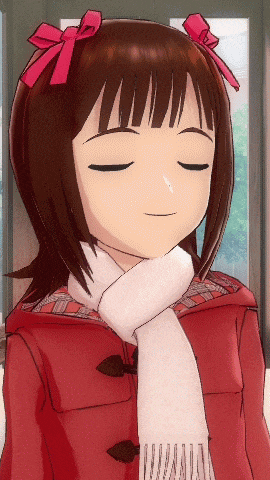 a girl with her eyes closed wearing a scarf and a red jacket