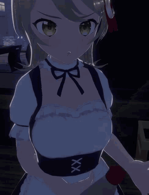 a girl with green eyes and a bow on her neck