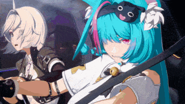 a girl with blue hair is wearing a cat mask