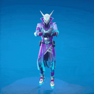 a video game character is flexing his muscles in a purple and blue outfit