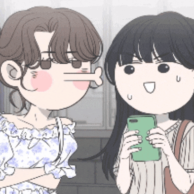 two cartoon girls are standing next to each other one is holding a phone and the other has a bone sticking out of her nose .