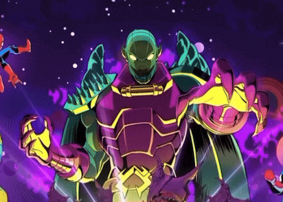 a cartoon of a superhero in a purple suit with a purple background and a spider-man in the background .