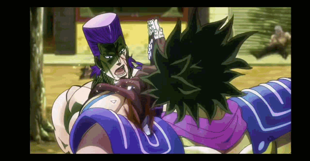 a cartoon of a man with purple hair and a green face
