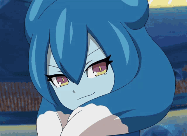a cartoon character with blue hair and purple eyes looks angry