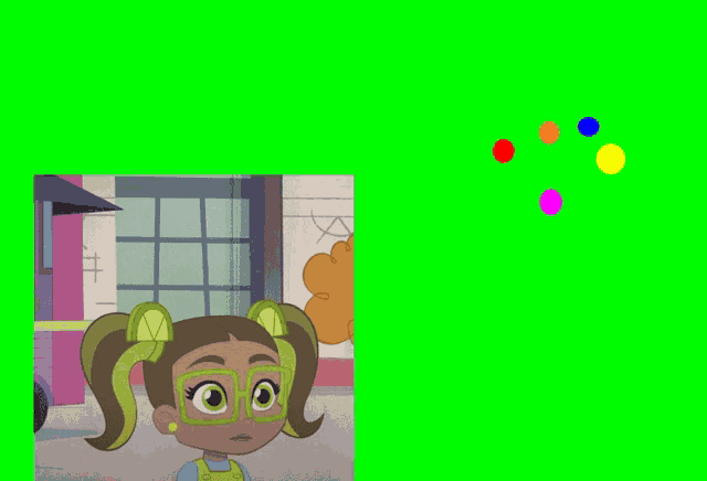 a cartoon girl with glasses and pigtails stands in front of a green background
