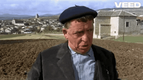 a man wearing a beret is standing in a field with the word veed on the bottom right