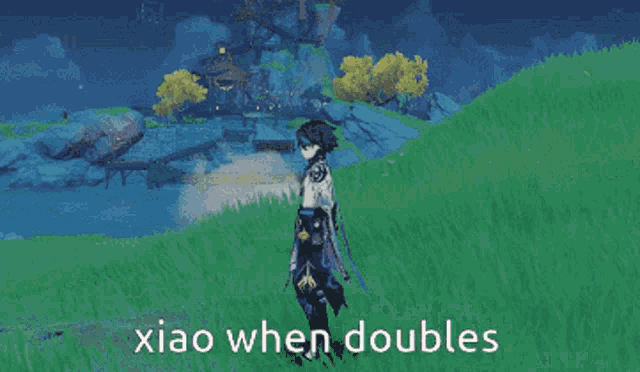 a video game character with the words xiao when doubles on it